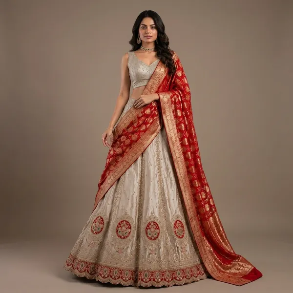 Beige_And_Red_Premium_Silk_Unstitched_Lehenga_For_Women