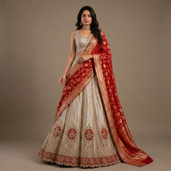 Beige_And_Red_Premium_Silk_Unstitched_Lehenga_For_Women