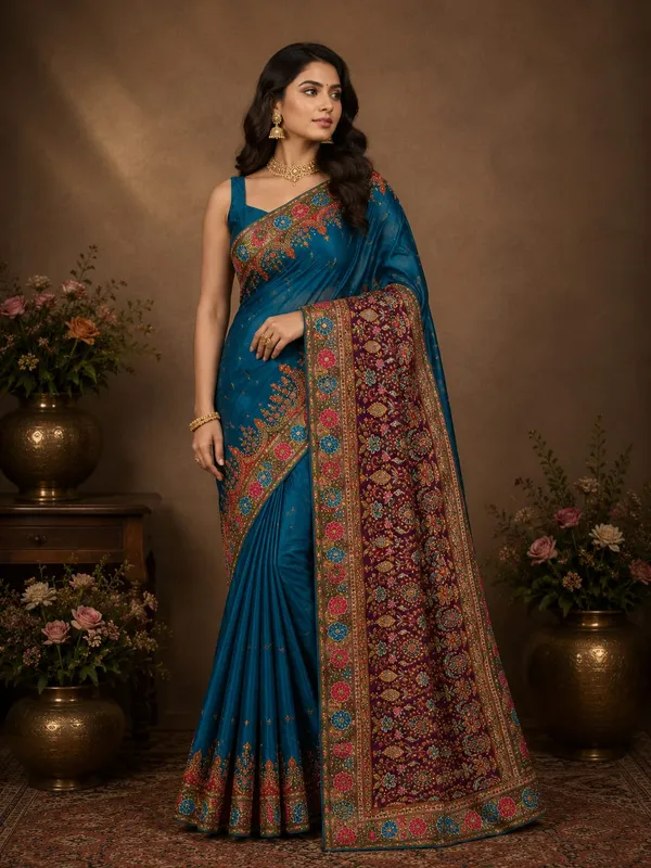 Teal_Blue_Premium_Silk_Saree_With_Blouse_Piece_For_Women