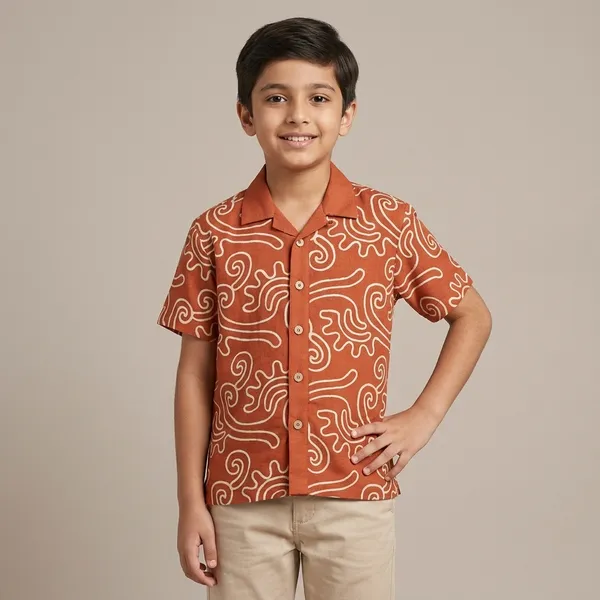 Rust_Orange_Premium_Viscose_Half_Sleeve_Shirt_For_Boys
