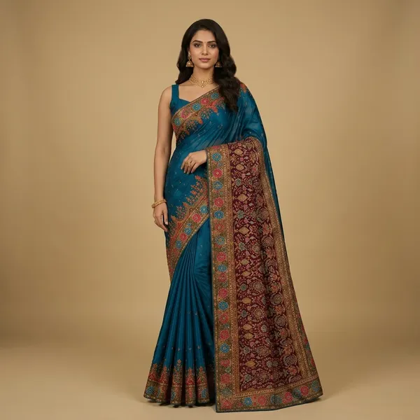 Teal_Blue_Premium_Silk_Saree_With_Blouse_Piece_For_Women