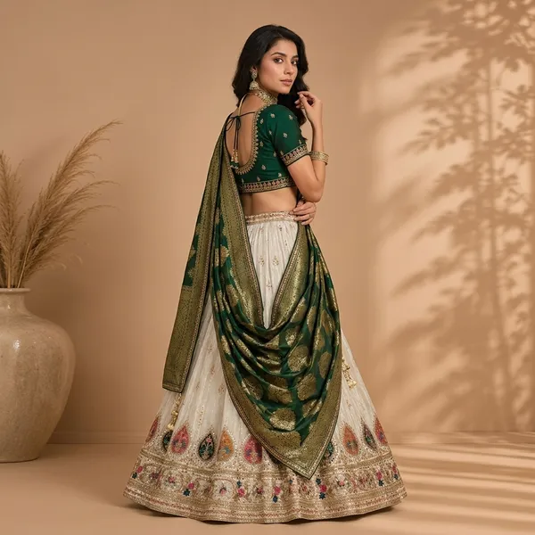 Off_White_And_Green_Premium_Silk_Unstitched_Lehenga_For_Women