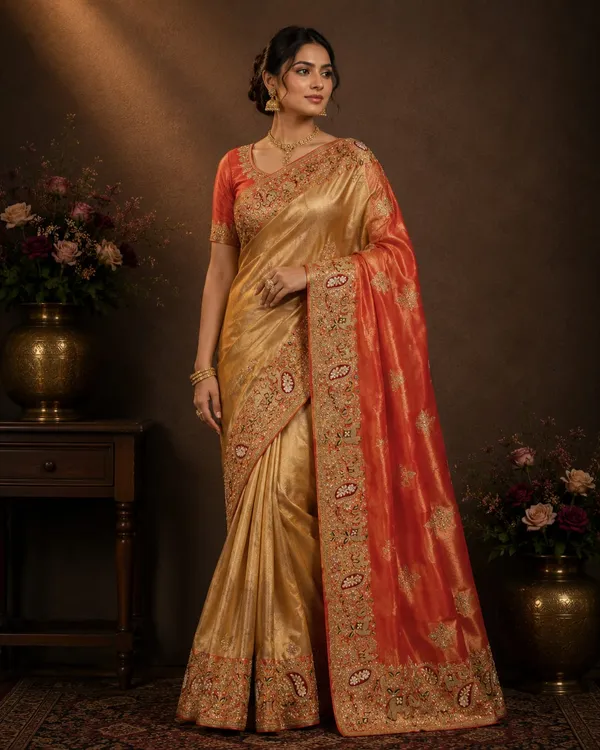 Golden_And_Coral_Orange_Premium_Silk_Saree_With_Blouse_Piece_For_Women