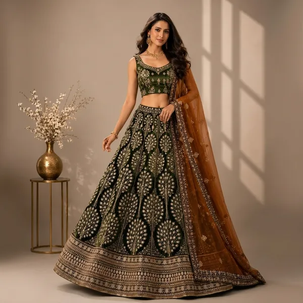 Green_Premium_Velvet_Unstitched_Lehenga_For_Women