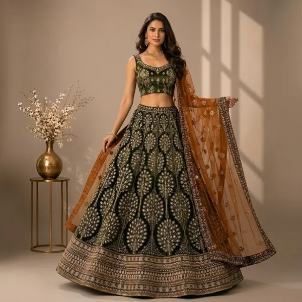 Green_Premium_Velvet_Unstitched_Lehenga_For_Women