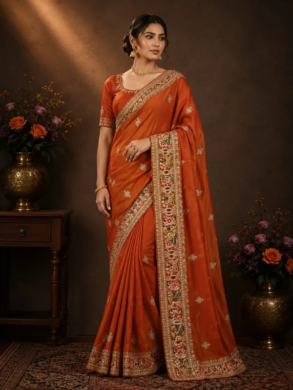 Orange_Premium_Gajji_Saree_With_Blouse_Piece_For_Women