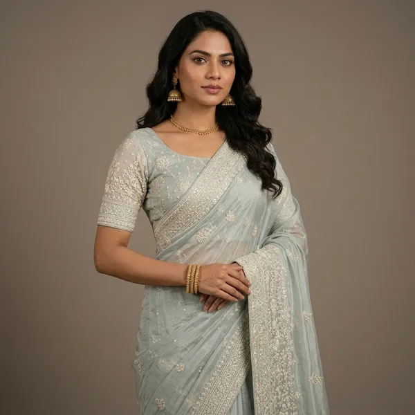 Powder_Blue_Premium_Organza_Saree_With_Blouse_Piece_For_Women