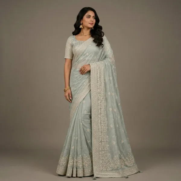 Powder_Blue_Premium_Organza_Saree_With_Blouse_Piece_For_Women
