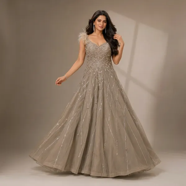 Beige_Premium_Tishu_Net_Stitched_Gown_For_Women