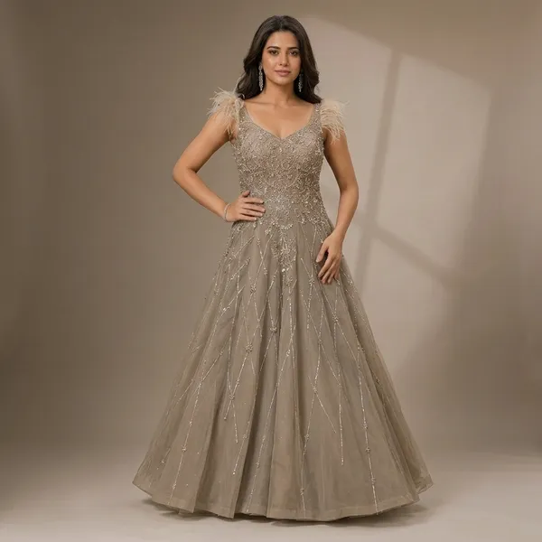 Beige_Premium_Tishu_Net_Stitched_Gown_For_Women