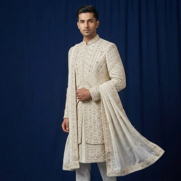 Cream_Premium_Silk_Sherwani_For_Men