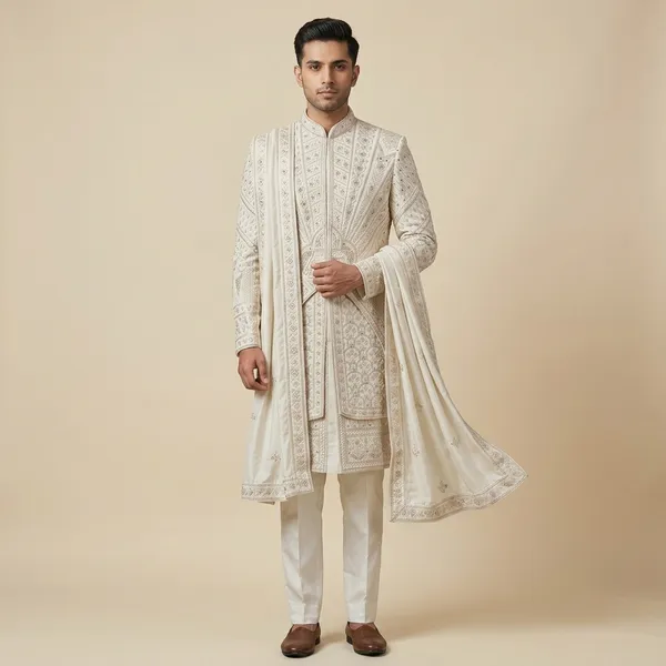Cream_Premium_Silk_Sherwani_For_Men