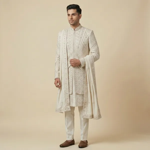 Cream_Premium_Silk_Sherwani_For_Men