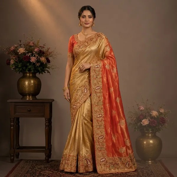 Golden_And_Coral_Orange_Premium_Silk_Saree_With_Blouse_Piece_For_Women