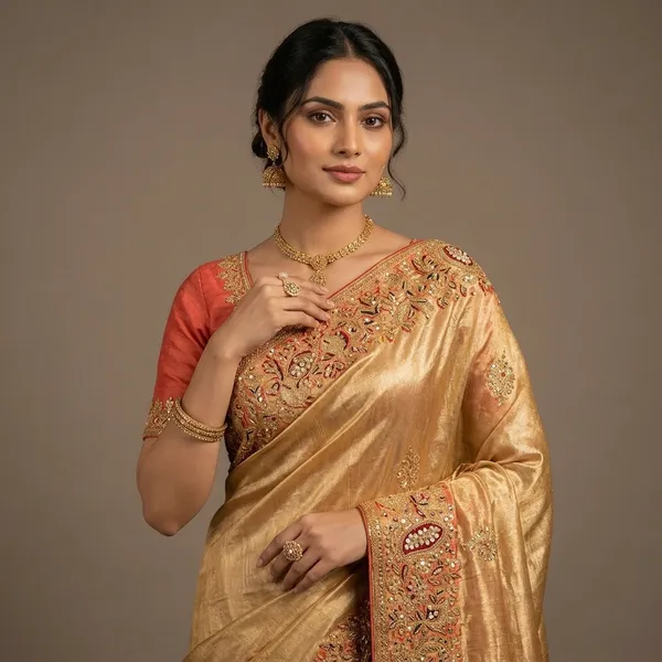 Golden_And_Coral_Orange_Premium_Silk_Saree_With_Blouse_Piece_For_Women