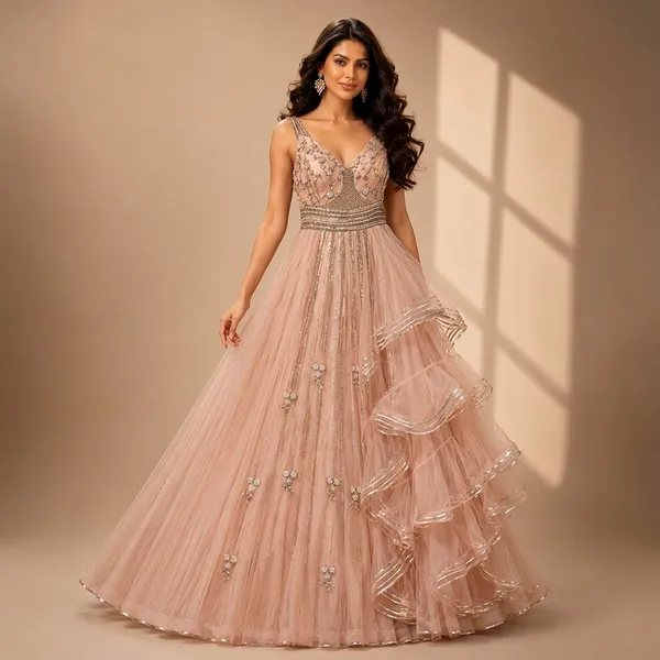 Peach_Premium_Net_Stitched_Gown_For_Women