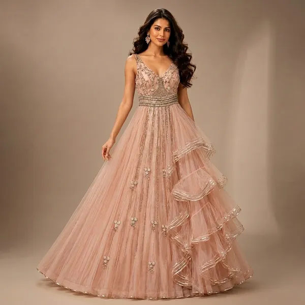 Peach_Premium_Net_Stitched_Gown_For_Women