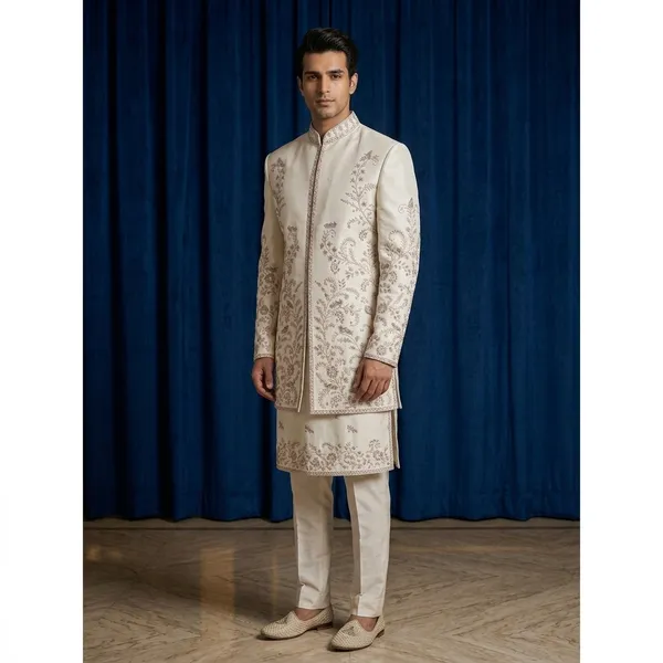 Cream_Premium_Silk_Sherwani_For_Men