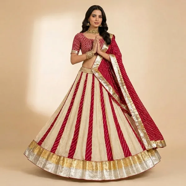 Red_And_Off_White_Premium_Leheriya_Georgette_Unstitched_Lehenga_For_Women