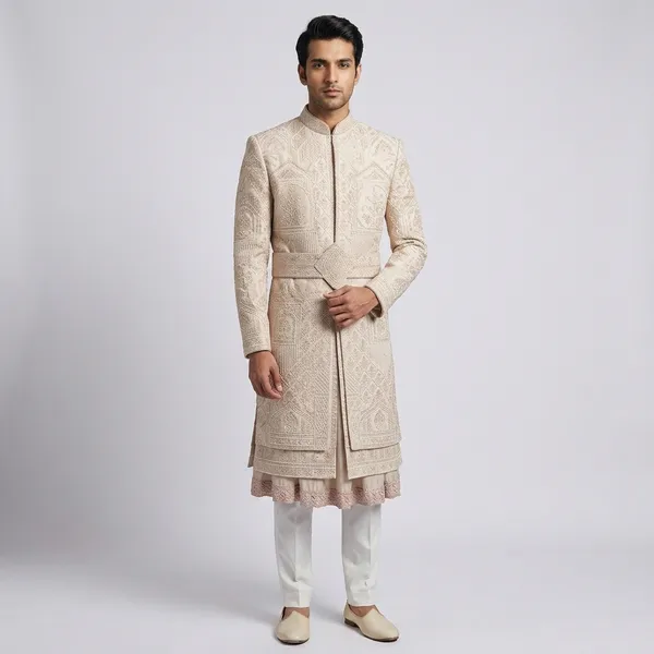 Cream_Premium_Silk_Sherwani_For_Men