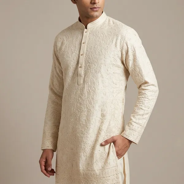 Cream_Premium_Silk_Kurta_Pajama_For_Men