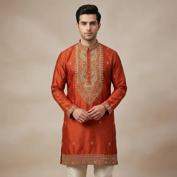 Orange_Premium_Silk_Kurta_Pajama_For_Men