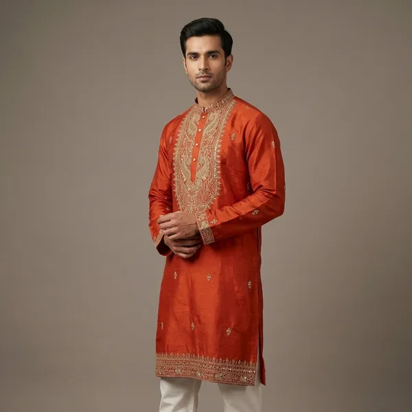 Orange_Premium_Silk_Kurta_Pajama_For_Men