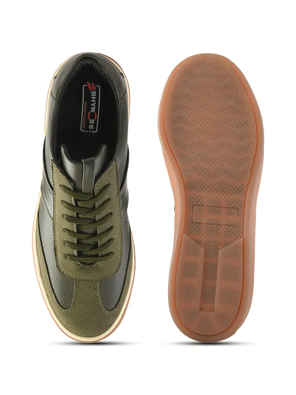 Olive_Green_Leather_Lace-Up_Casual_Sneakers_For_Men