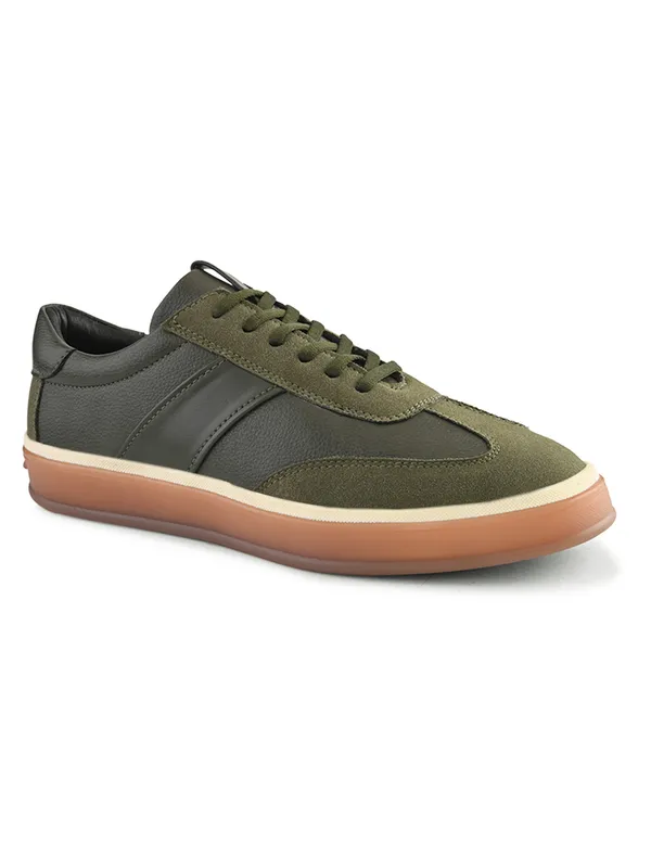 Olive_Green_Leather_Lace-Up_Casual_Sneakers_For_Men