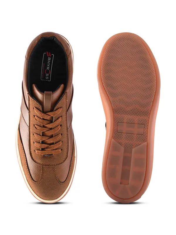 Tan_Textured_Faux_Leather_Lace-Up_Casual_Sneakers_For_Men