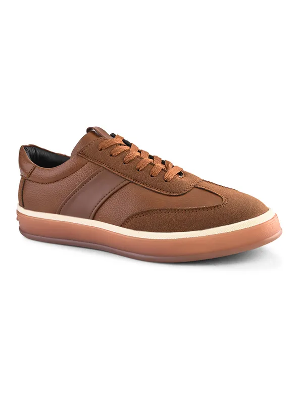 Tan_Textured_Faux_Leather_Lace-Up_Casual_Sneakers_For_Men