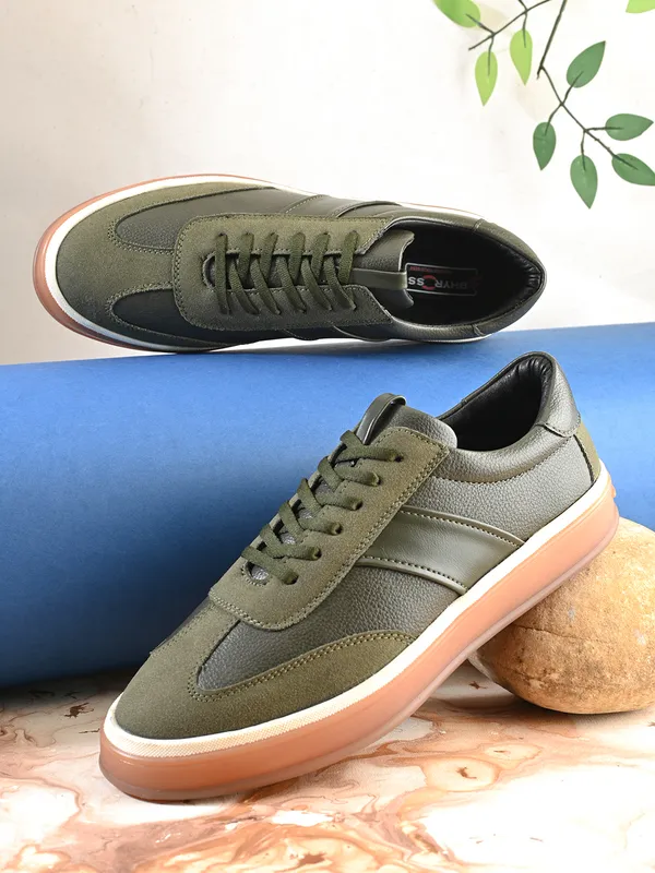 Olive_Green_Leather_Lace-Up_Casual_Sneakers_For_Men