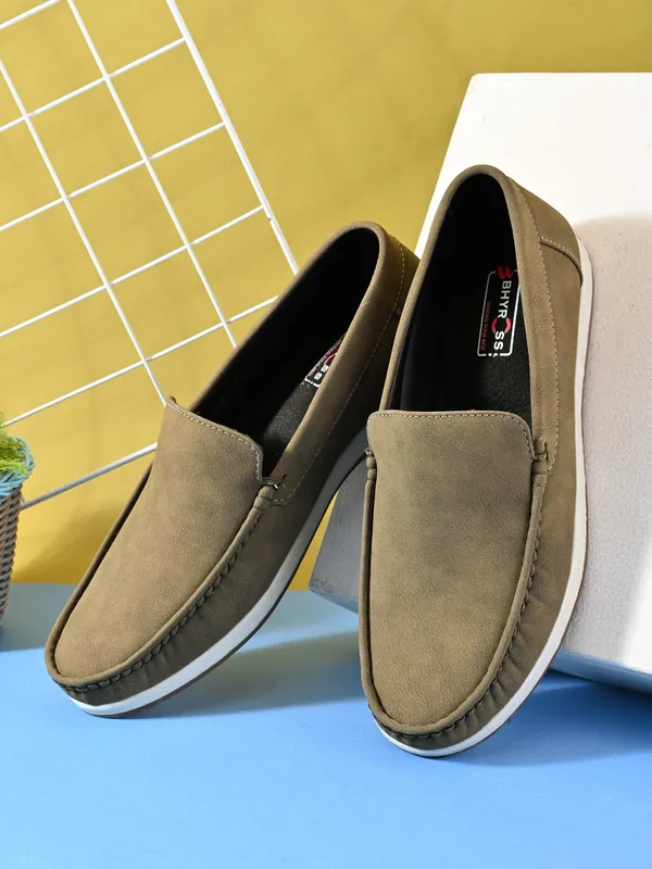Khaki_Faux_Leather_Loafers_Slip-On_For_Men