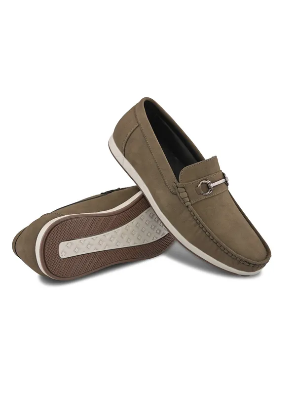 Khaki_Faux_Leather_Slip-On_Buckle_Loafers_For_Men