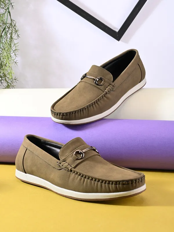 Khaki_Faux_Leather_Slip-On_Buckle_Loafers_For_Men