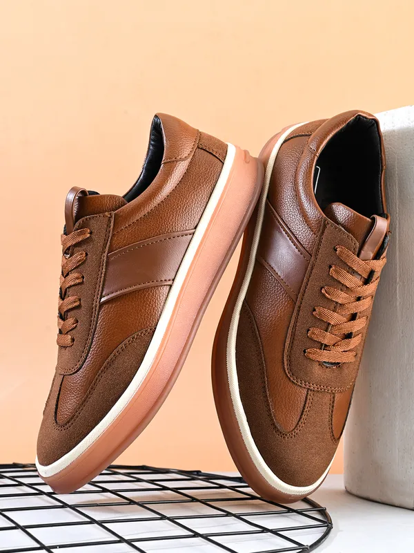Tan_Textured_Faux_Leather_Lace-Up_Casual_Sneakers_For_Men