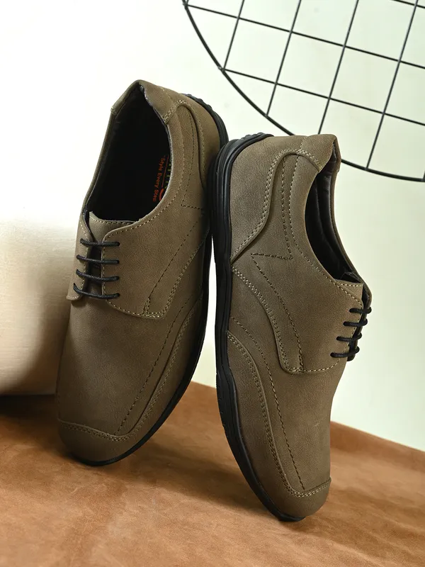 Olive_Faux_Leather_Lace-Up_Casual_Shoes_For_Men