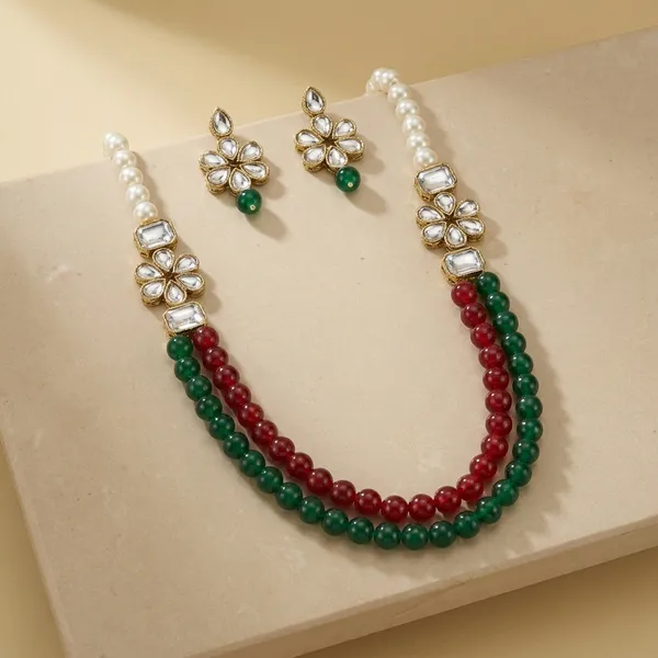 Two_Layer_Maroon_And_Green_Pearl_Alloy_Copper_Jewellery_Set_For_Women