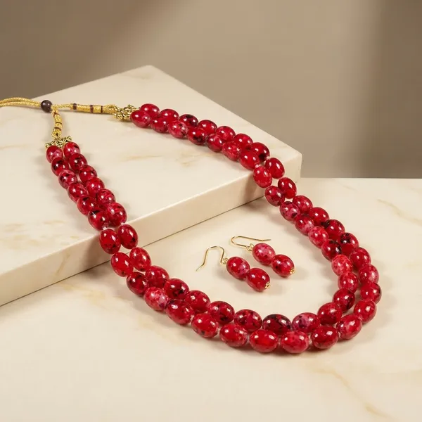 Dhivara_Latest_Two_Layer_Oval_Shap_Red_Pearl_Necklace_Set