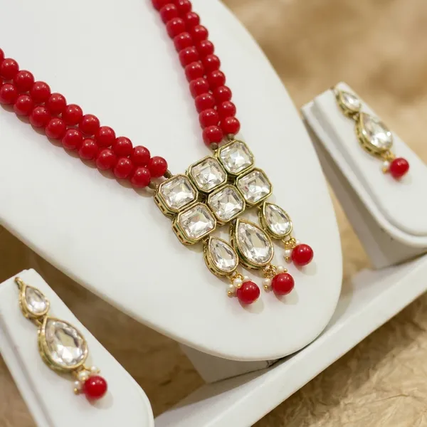 Copper_Plated_Classic_Double_Line_Red_Pearl_Necklace_Set_For_Women