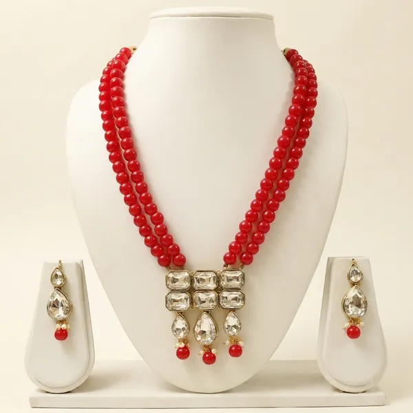 Copper_Plated_Classic_Double_Line_Red_Pearl_Necklace_Set_For_Women