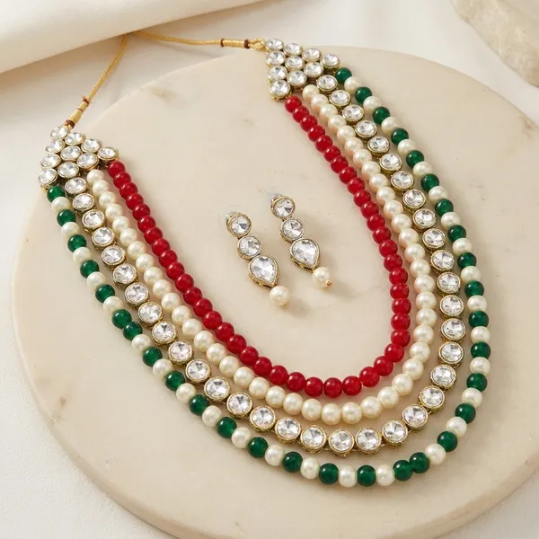 Four_Layer_White_And_Red_Green_Pearl_And_Kundan_Necklace_Set