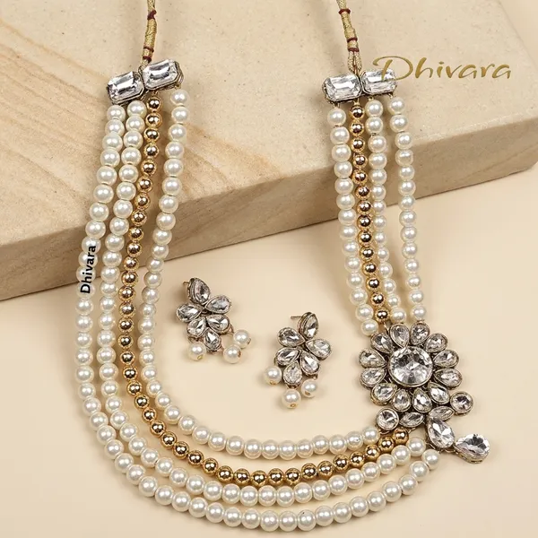 Four_Layer_White_Pearl_And_Kundan_Necklace_Set_|_Necklace_And_Earings