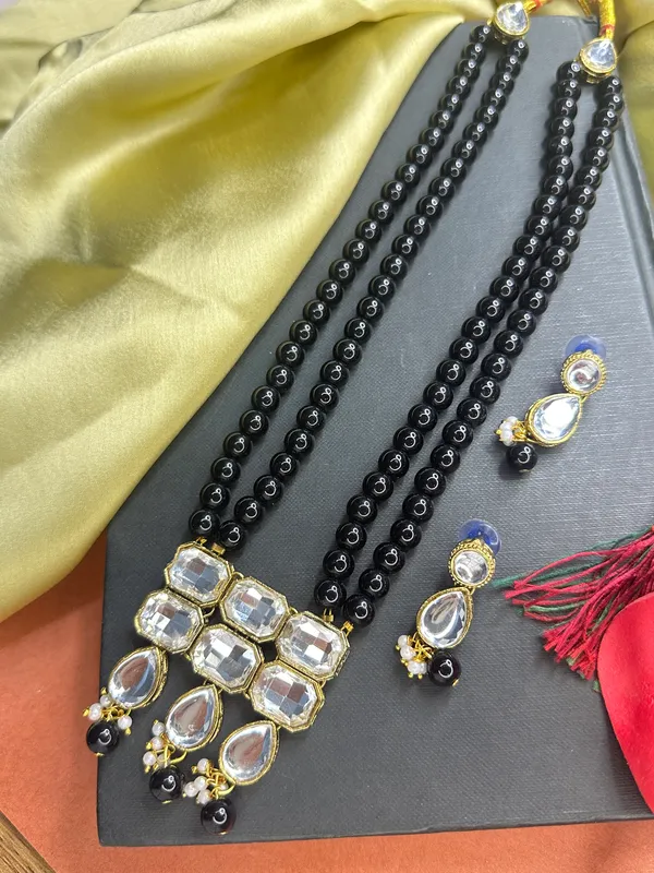 Copper_Plated_Beautiful_Double_Line_Black_Pearl_Necklace_Set_For_Women