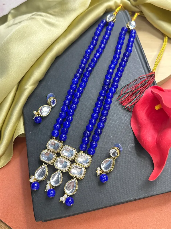 Copper_Plated_Classic_Double_Line_Blue_Pearl_Necklace_Set_For_Women