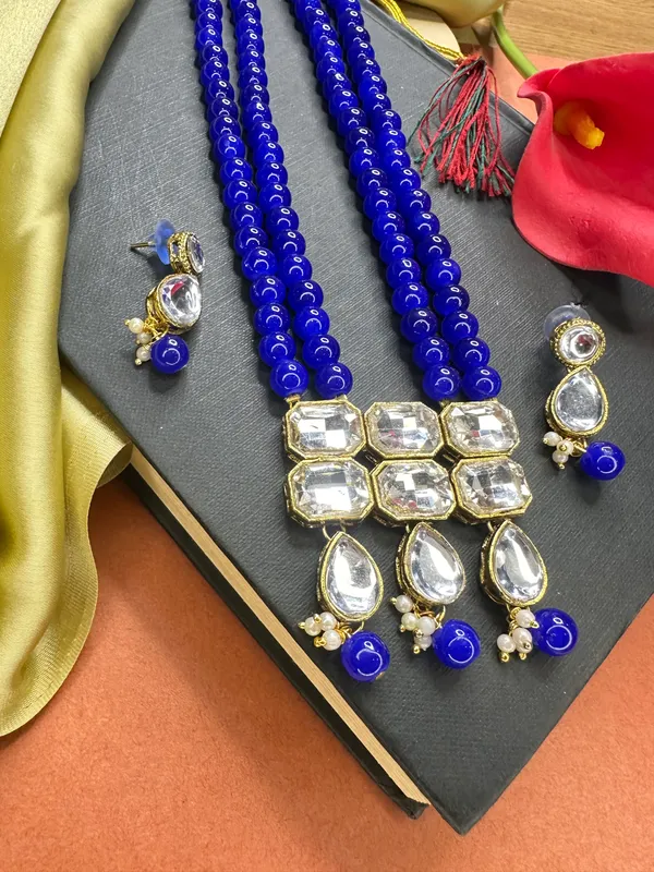 Copper_Plated_Classic_Double_Line_Blue_Pearl_Necklace_Set_For_Women