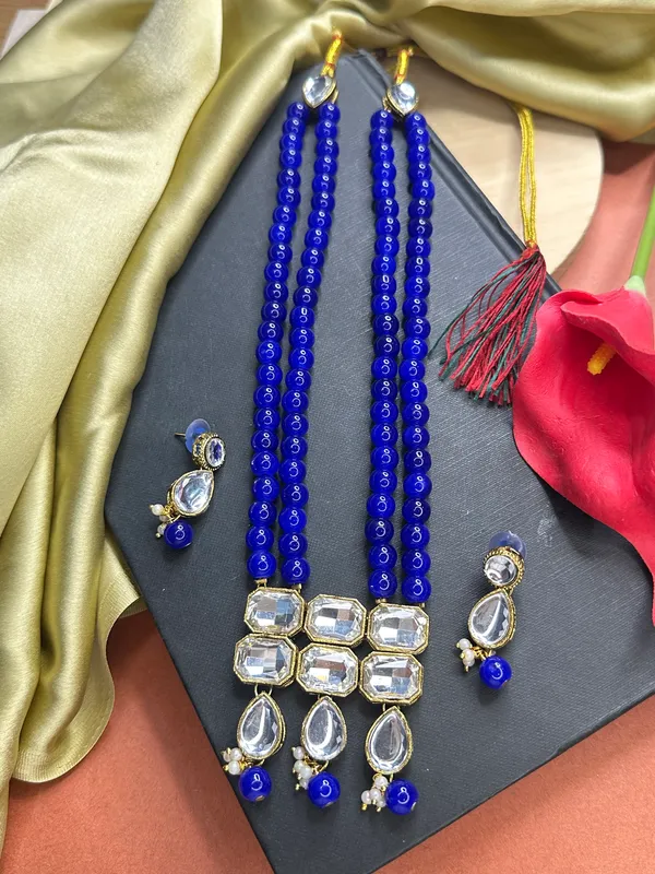 Copper_Plated_Classic_Double_Line_Blue_Pearl_Necklace_Set_For_Women