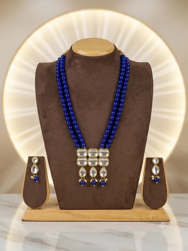 Copper_Plated_Classic_Double_Line_Blue_Pearl_Necklace_Set_For_Women