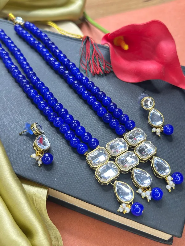 Copper_Plated_Classic_Double_Line_Blue_Pearl_Necklace_Set_For_Women