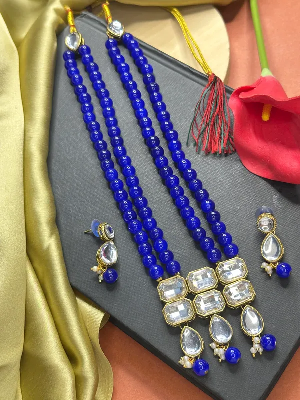 Copper_Plated_Classic_Double_Line_Blue_Pearl_Necklace_Set_For_Women